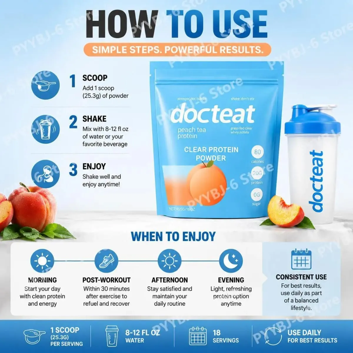 Docteat Peach Tea Clear Protein Powder 455g Whey Isolate & Stevia 20g Protein Low Fat 0g Sugar Fitness Workout Support Recovery