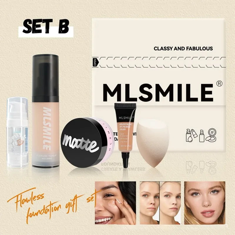 All in One Face Makeup Set Liquid Foundation Powder Primer and Egg for Long Lasting Matte Finish