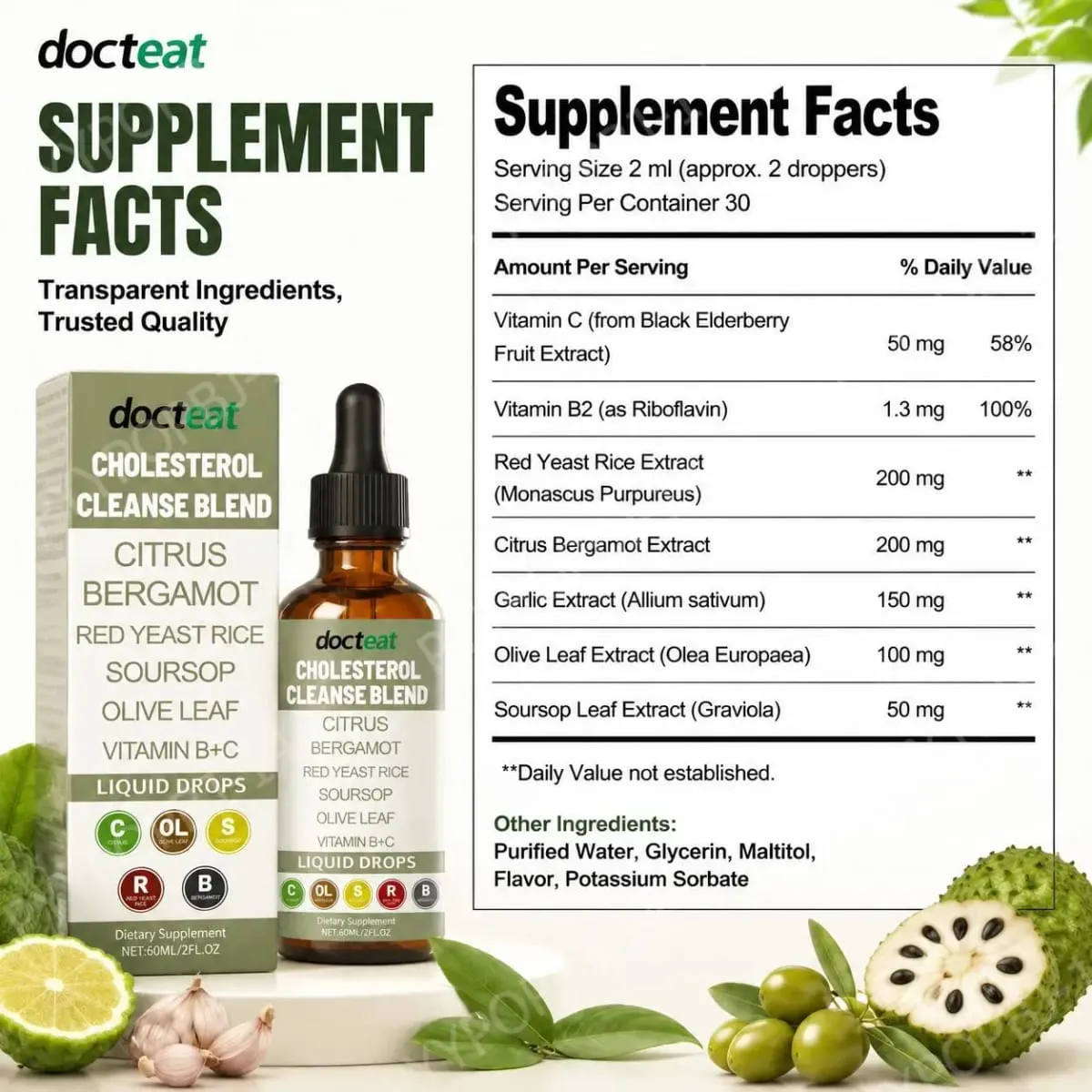 Docteat Cholesterol Cleanse Liquid Drops Citrus Bergamot Υποστηρίζει τη μεταβολική ισορροπία με βιταμίνη C και B2 Dropper 60 ML