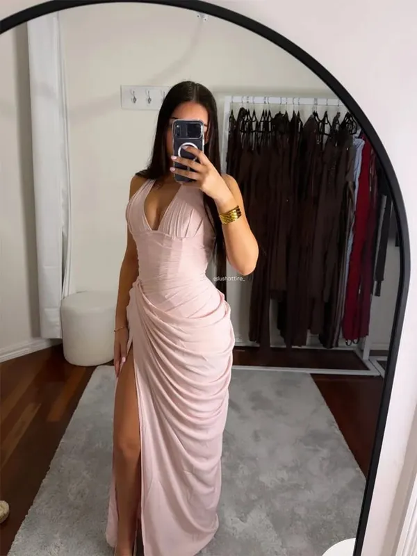 Sexy Solid Pleated Halter Women's Dress Fashion Sleeveless Backless Waist-cinching Split Maxi Dresses 2026 Summer Party Gowns