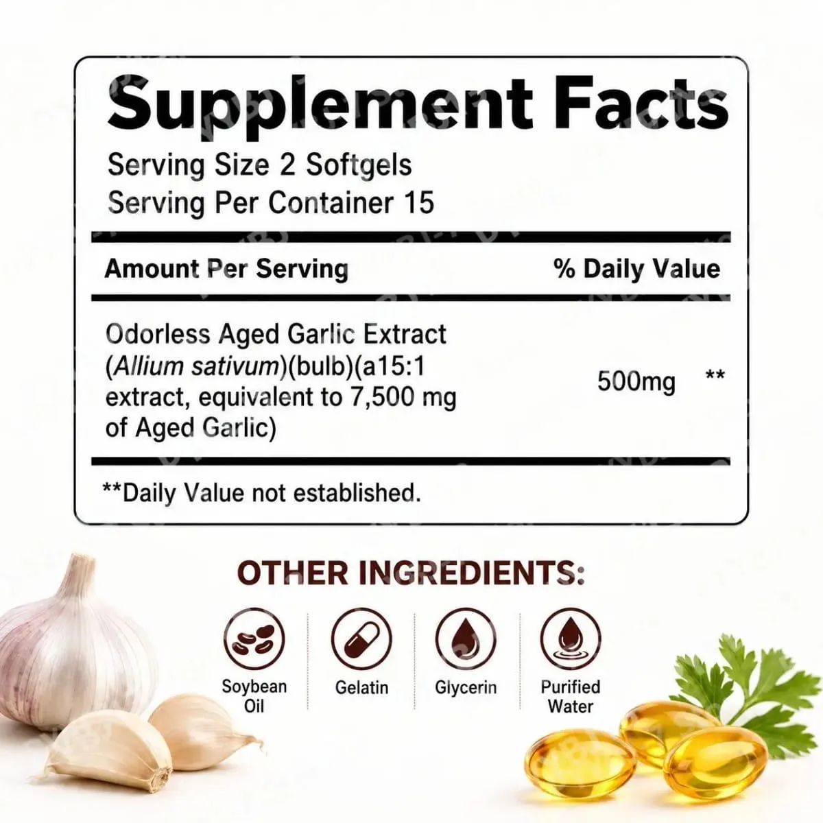 Walang amoy na may edad na Garlic Extract 7500mg Katumbas na Softgels 30 Bilang Pang-araw-araw na Garlic Supplement sa Puso at Pangkalahatang Wellness Support