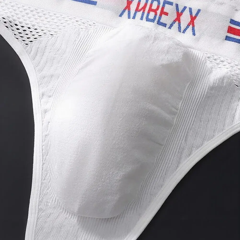 1pc Men's G-String Underwear 3D Bulge Pouch Striped Letter Printing Briefs Elastic Mesh Breathable Comfortable Thongs