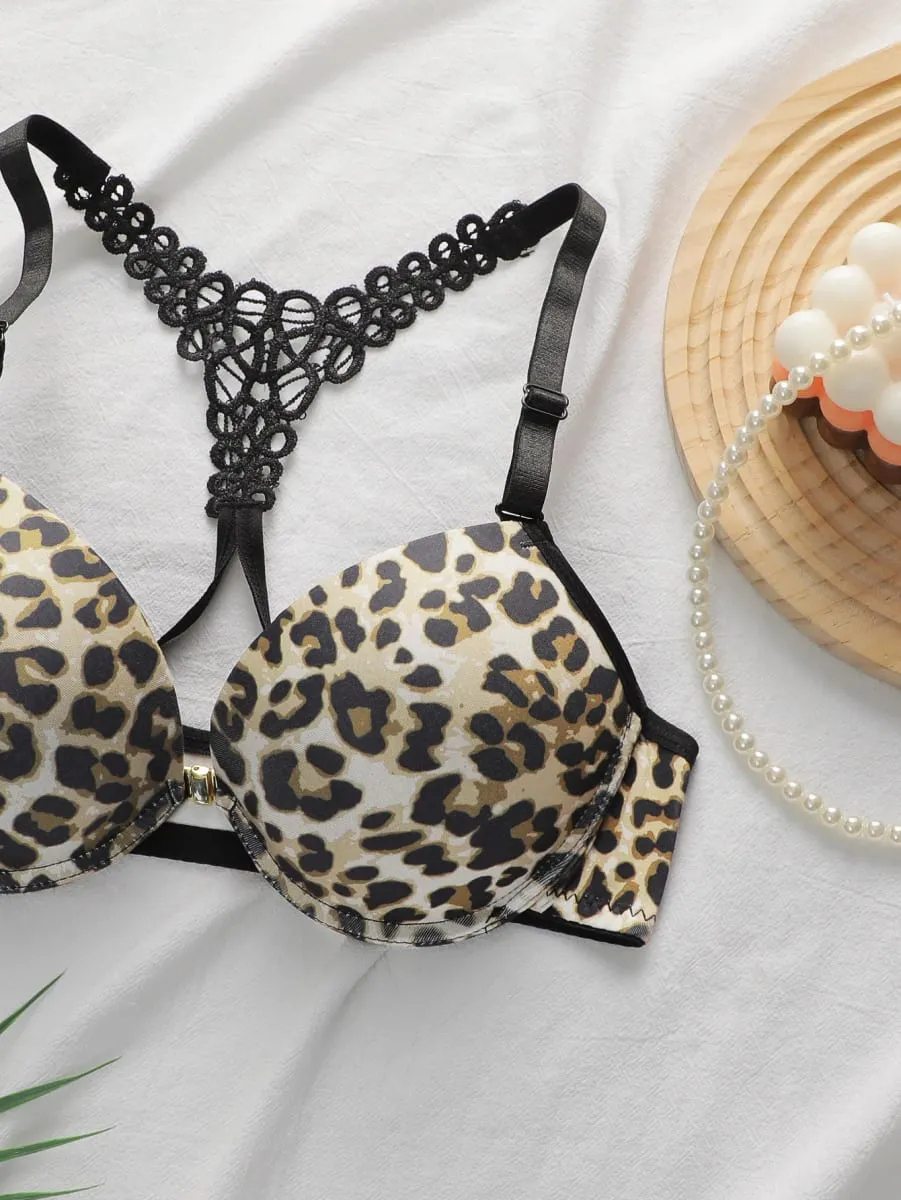 Leopard Print Front Closure Bra Set with Underwire Push Up Lingerie Set for Women Sexy Lace Bralette and Panty Two Piece Outfit