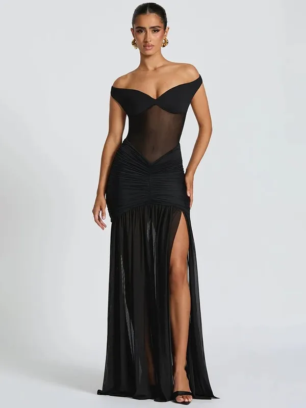 Μακρύ φόρεμα Mozision Off-shoulder Backless Sexy Maxi Women Gown Halter αμάνικο Backless Thigh High Split Club