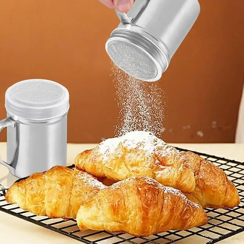 Roestvrijstalen shaker Poedersuikerschudbeker met handvat Metalen shakers Fijnmazige peperschudbekers Zout- en peperschudbekers