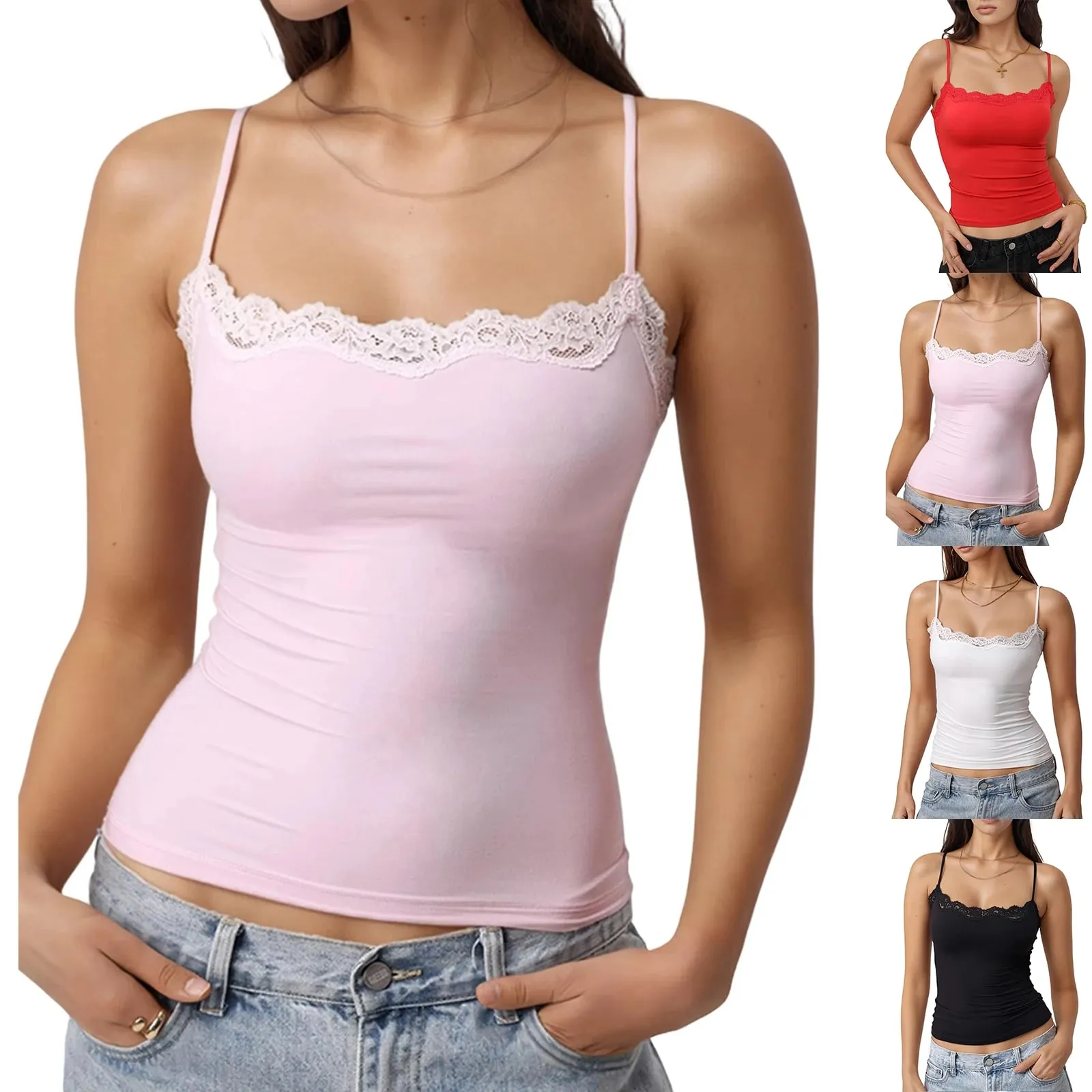 Sexy Lace Style Aesthetic Sweet Tank Tops Women Sleeveless Casual Solid Color Tanks Harajuku All Match Cropped Thin Fashion Cami