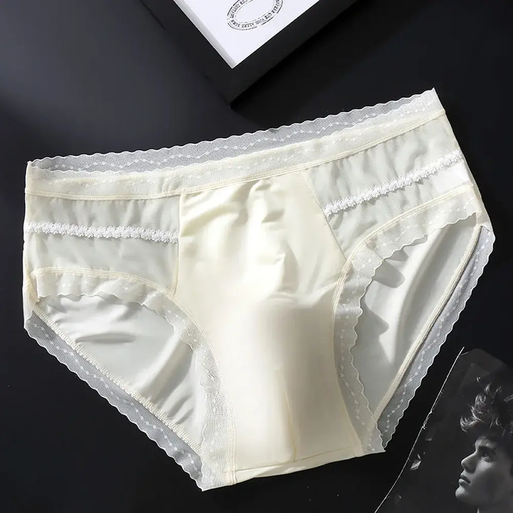Men's Low Waist Triangle Underwear Sexy Elastic Lace Trim Silk Pouch Ultra-Thin Seamless Underpants plus Size Lingerie