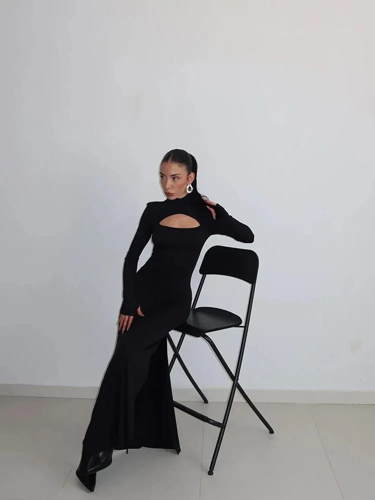 Ahagaga Sexy Sheath Γυναικεία Maxi Φορέματα Μασίφ ζιβάγκο κανονικά μακριά μανίκια Hollow Out Slim Fit Bodycon Party Vestidos Robes