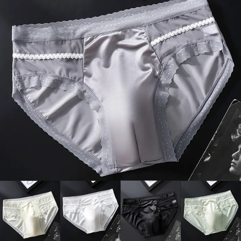 Men's Sexy Lace Thin Seamless Ice Silk Briefs Underwear 3D Bulge Pouch Panties U Convex Sexy Underwear Ice Silk Lace Thin