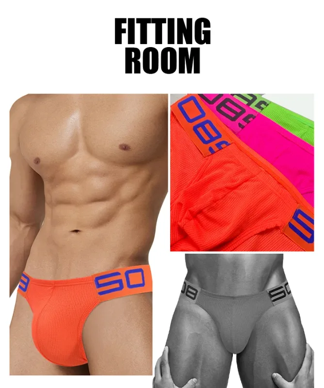 Men's Nylon Blend Mesh Breathable Briefs Horn Splice Letter Embossed Wide Elastic Waistband Fluorescent Color Sexy Underwear