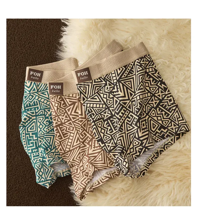 1/3 Pcs Men's Cotton Boxer Shorts Breathable Comfortable Underwear Man Printed Trendy Ethnic Retro Square Underpant Male Panties