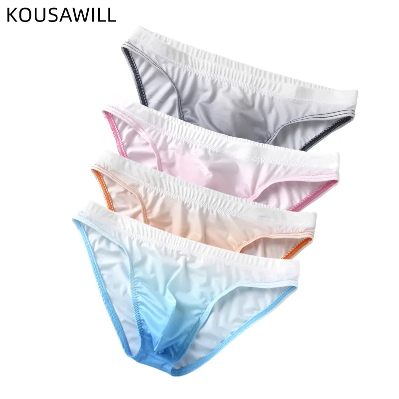 Ice Silk Mens Briefs Underwear With Gradient Color Pouch Breathable Sexy Bikini Slips Low Waist Male Butt-lifting Panties Cuecas