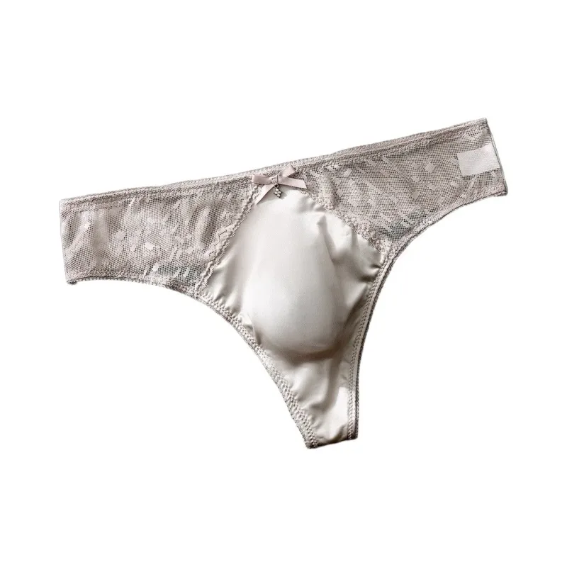 Men's Thong Underwear Made of 81.7% Polyester 18.3% Spandex Ice Silk Blend with Lace Trim and 3D Bulge Pouch Solid G String