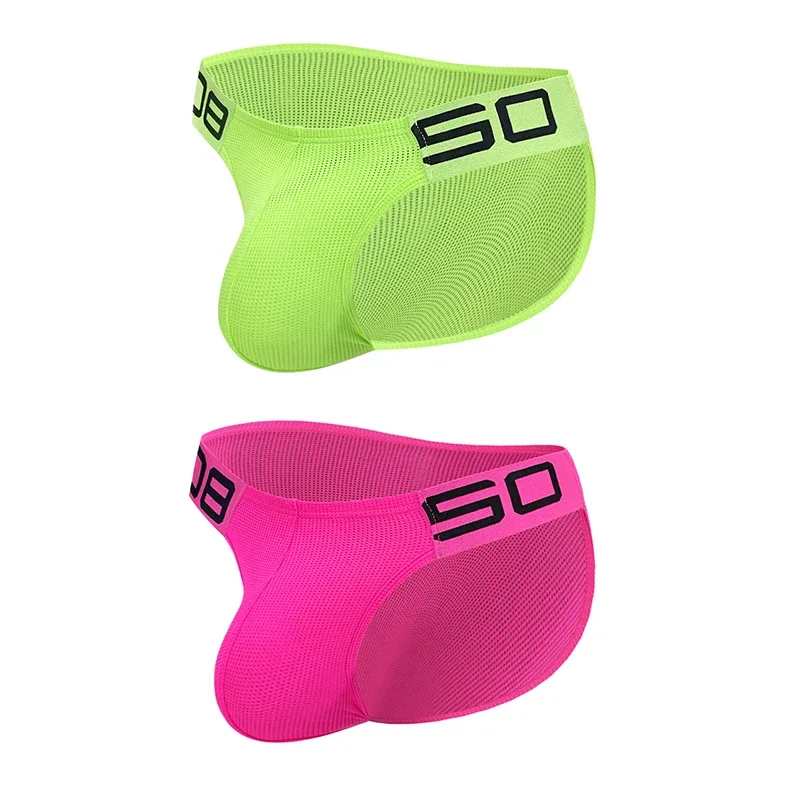Men's Nylon Blend Mesh Breathable Briefs Horn Splice Letter Embossed Wide Elastic Waistband Fluorescent Color Sexy Underwear