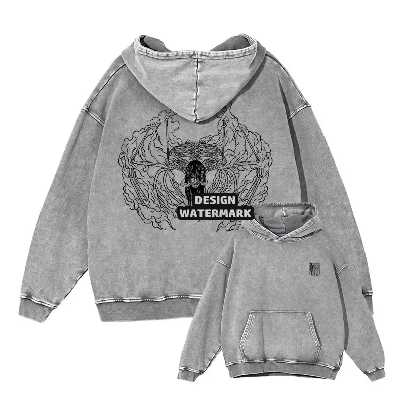 Anime Levi Hoodies Vintage Washed A-Attack on Titan Hoodie Casual Manga Yeager Eren Hooded Sweatshirts Titan Attack Pullover