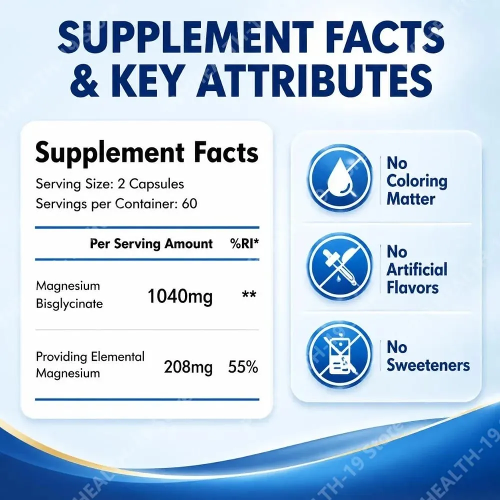 Magnesium Glycinate Capsules with 208mg Elemental Bisglycinate for Healthy Bone Muscle & Nerve Support Adults 120 Capsules
