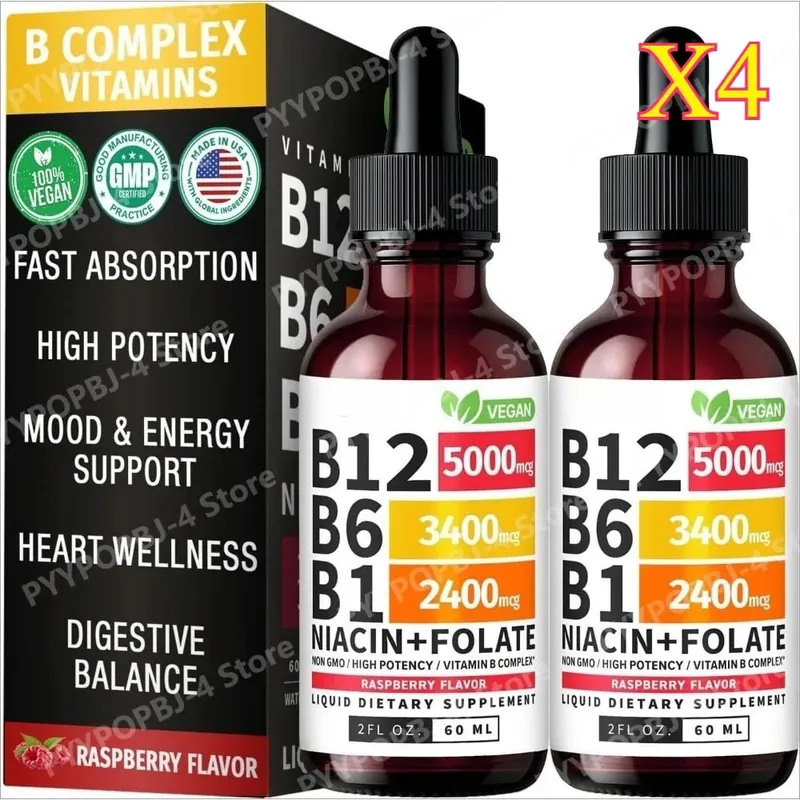Vitamin B12 B6 Tetes Cair 60Ml B Kompleks dengan B1 Niacin Folat Raspberry Suplemen Kesehatan Harian Vegan 40 Porsi Dewasa