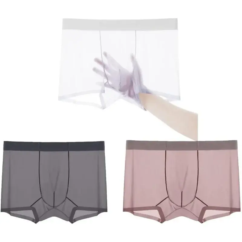 Men's Transparent Boxer Briefs Lightweight Elastic Mid-Waist U-Convex Seamless Thin Perspective Shorts for Comfortable Fit