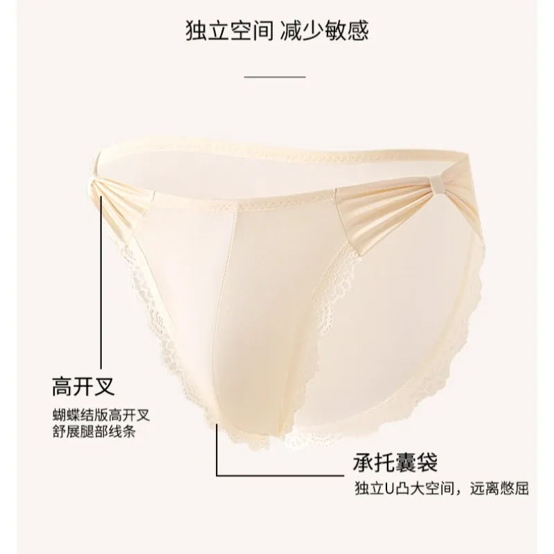 Women Panties for Men Bow High Cut Briefs Lace Mesh Sheer Underwear U Convex Pouch Breathable Underpant French Style Nightwear