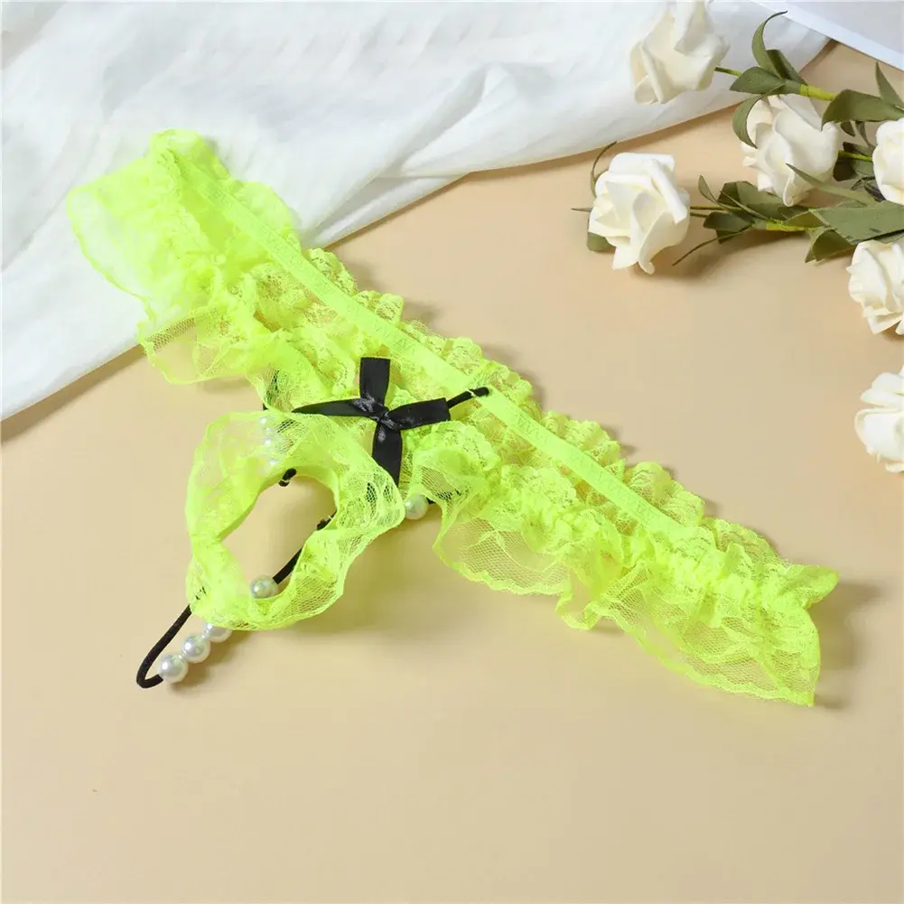 Men Lace T-Back Underwear Bow Elastic Waist G-String Pearl Lingeries For Man Sissy Panties Sexy Accessories Thongs Men's Panties