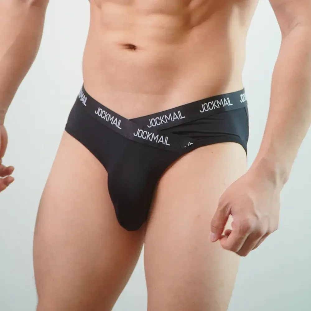 Jockmail Mens Underwear Low Waist Sexy Letter Sports Breathable Summer Ice Silk Briefs Big Bag Nylon Solid Color Man Panties
