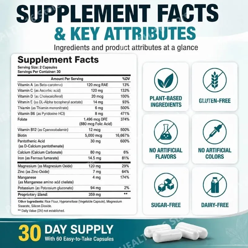 DHT Blocker Capsules na may Biotin 5000mcg Vitamin C D E B6 at Zinc para sa Malusog na Buhok at Suporta sa Balat Gluten-Free 60 Bilang