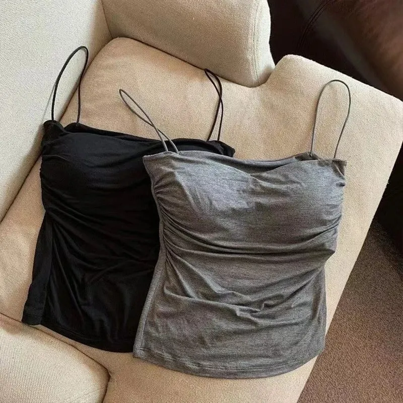 Szexi, tömör redőzött Tank Camisole női nyári spagettipántos ujjatlan felsők