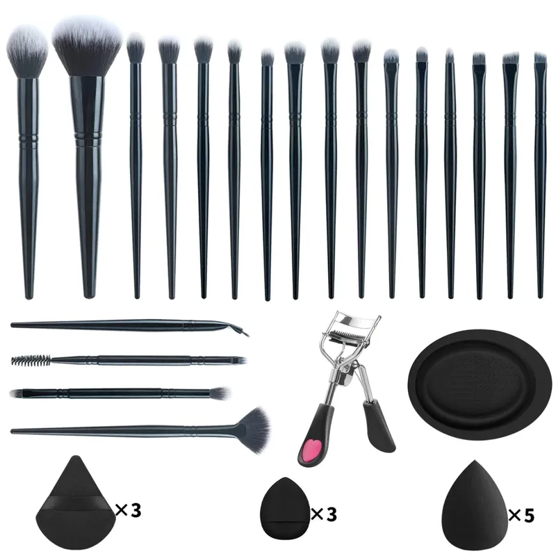 33 Buah Kit Alat Rias 20 Kuas Rias dengan Mangkuk Pembersih Puff Bedak Set Rias Mata Wajah Penuh Penjepit Bulu Mata