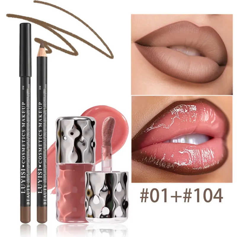 Σετ γαλακτοκομικών χειλιών-1 τμχ Matte Lip Liner+1 τμχ Hydrating Lip Gloss Ποικιλία χρώματος Velvet Definition & Glassy Shine Nourishing Formula