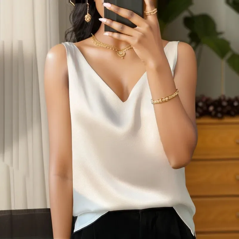 Νέο Lce Silk Satin Camisole Γυναικεία Άνοιξη/Καλοκαίρι μονόχρωμο αμάνικο σέξι άνετο μεταξωτό εσώρουχο RW-D09