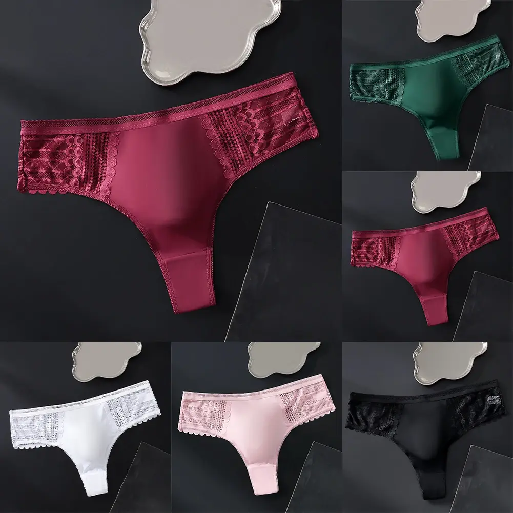 1pc Men's Sexy Lace Briefs Seamless Ice Silk G-String Underwear 3D Bulge Pouch Solid Thong High Elastic Breathable Panties