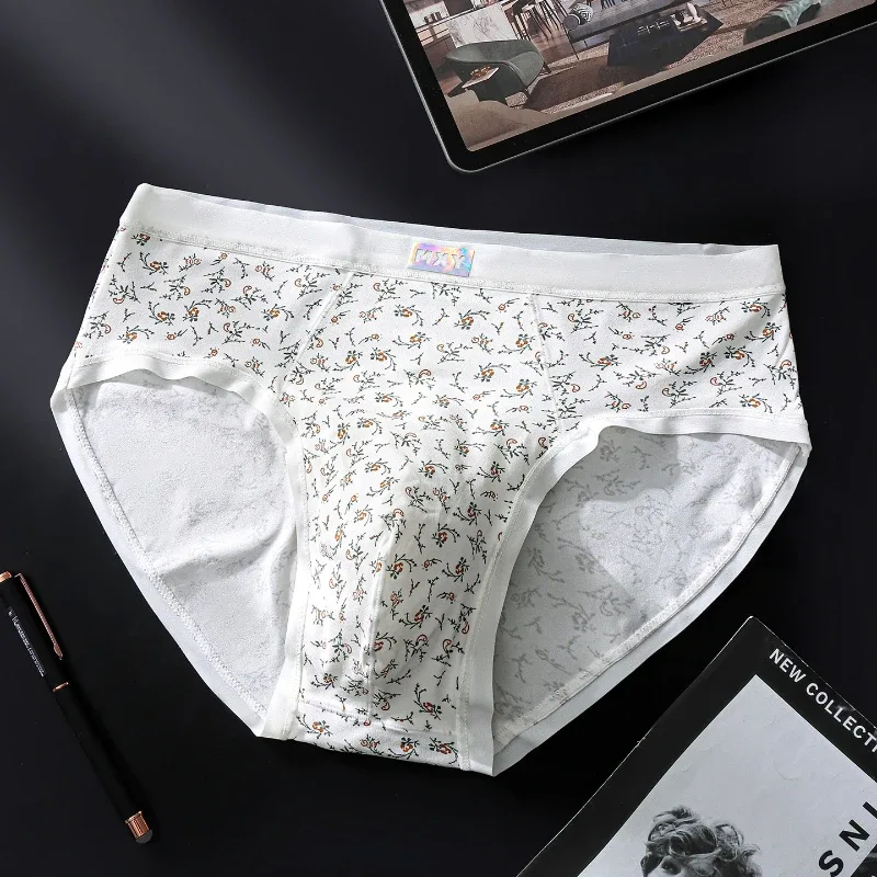 Men Sexy Briefs Sissy Lingerie Ice Silk Floral Print Panties U Convex Pouch Underwear Thin Daily Underpants Calzoncillos Hombre