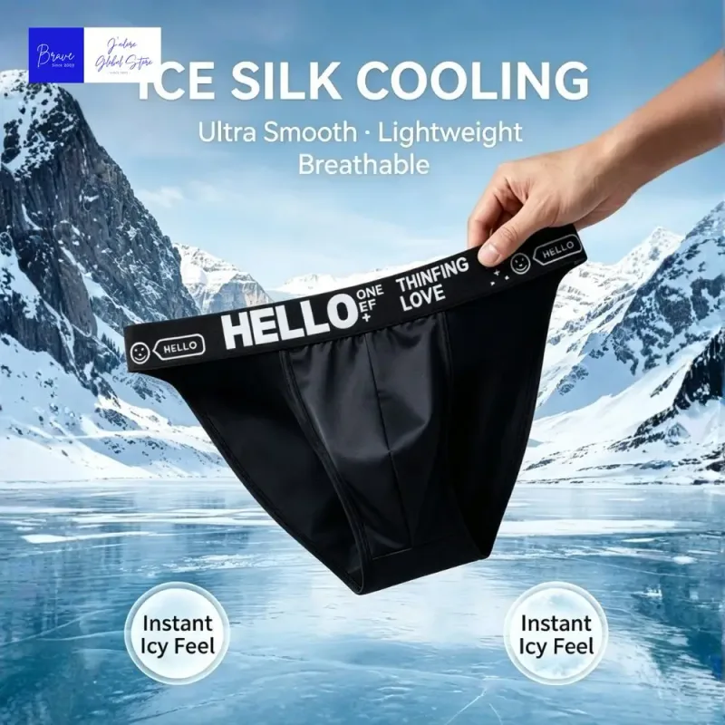 Men Trendy Ice Silk Bikini Briefs Hello Letter Print Moisture Wicking Breathable Athletic Underwear Stylish Cooling Underpants