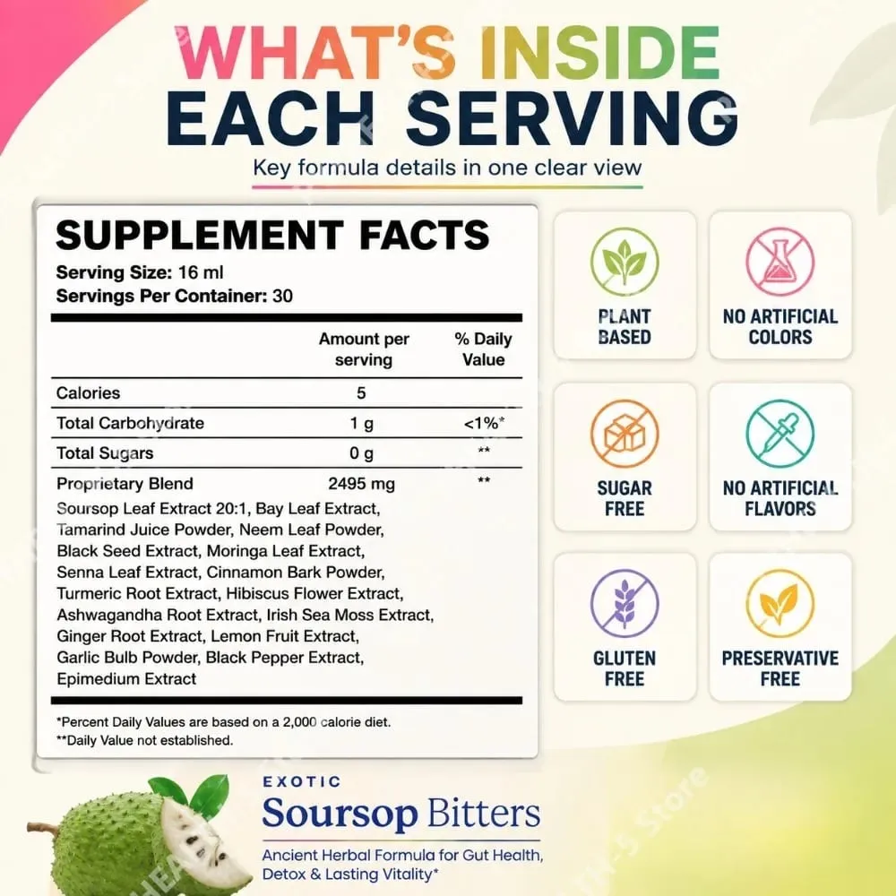 Herbal Soursop Bitters Liquid Supplement Black Seed Moringa Irish Moss Drops para sa Gut Digestive Wellness Immune 16 Fl Oz(473ml)