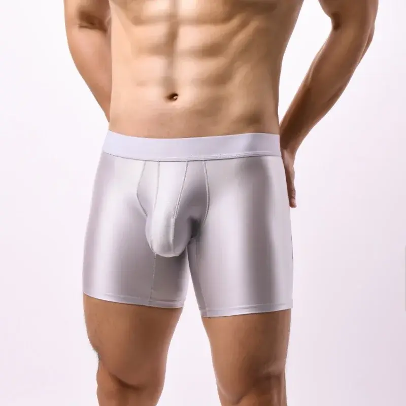 Bright Silky Smooth Underwear Men Stretch Satin Seamless Long Leg Boxer Shorts Bugle Pouch Sport Underpant Club Party Lingerie
