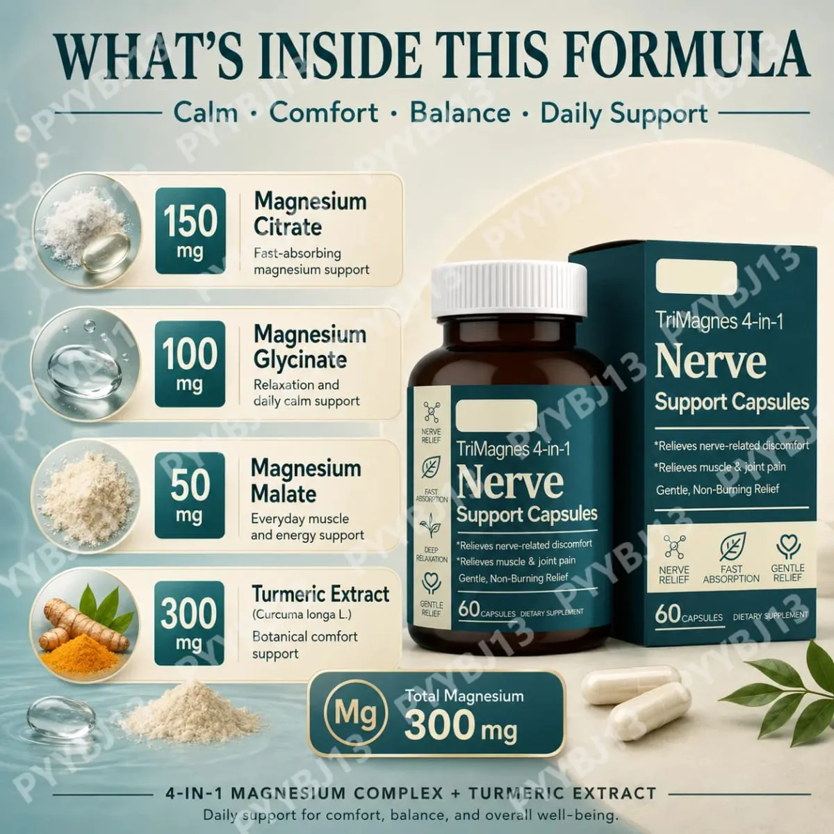 4-in-1 Magnesium Nerve Support Capsules na may Citrate Glycinate Malate at Turmeric Extract na 60 CT Fast Absorption Formula