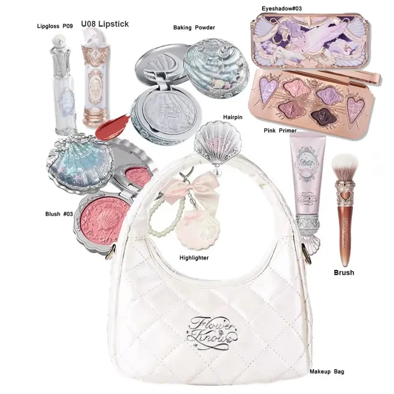 Σετ μακιγιάζ Flower Knows Shell Pearl Bunny Garden Setting Powder Lip Gloss Blush All in One Κιτ γκλίτερ για γκλίτερ μπέικιν πάουντερ