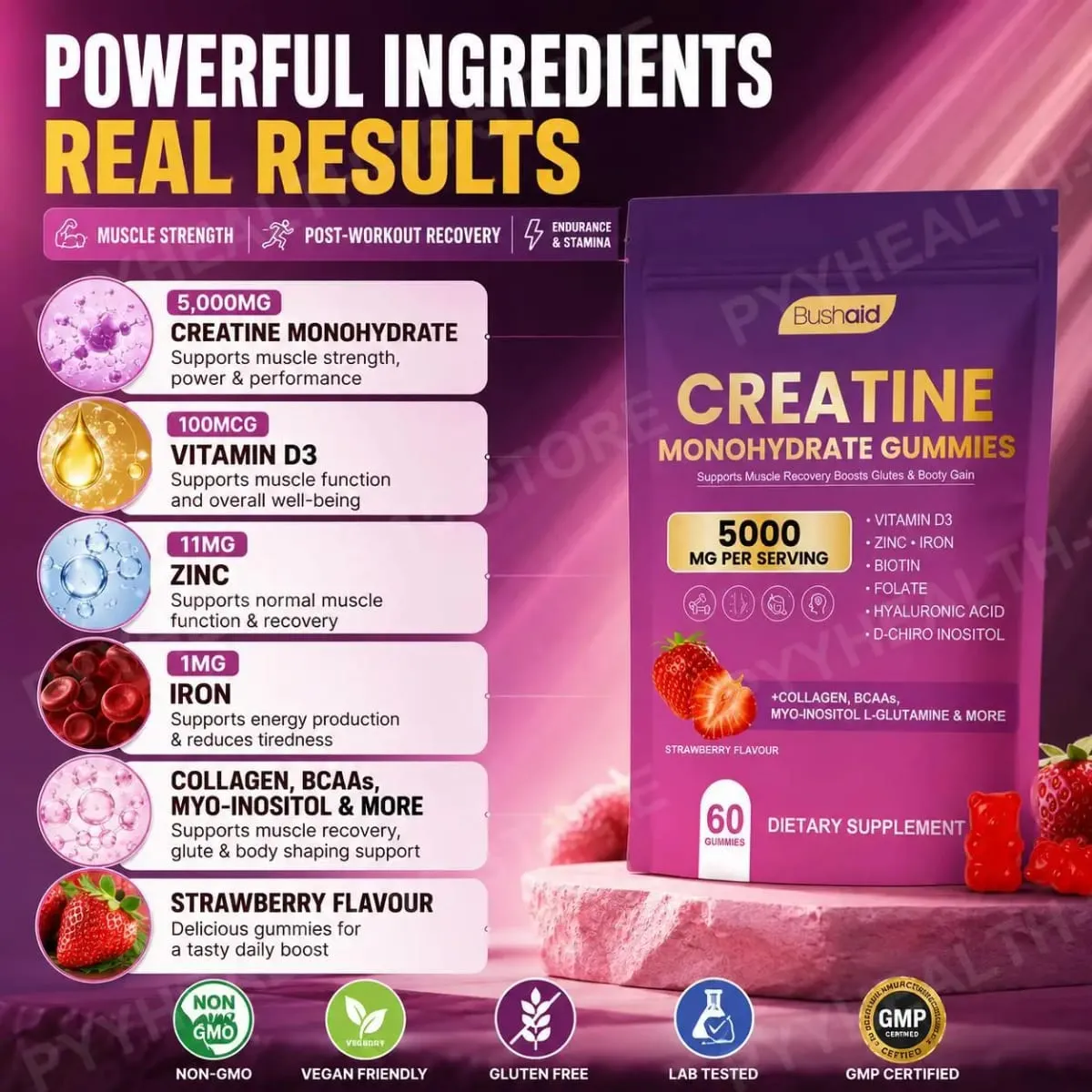 BushAid Creatine Monohydrate Gummies για μυϊκή αποκατάσταση μετά την προπόνηση με Multi-Collagen Blend BCAA and Zinc 60 Gummies