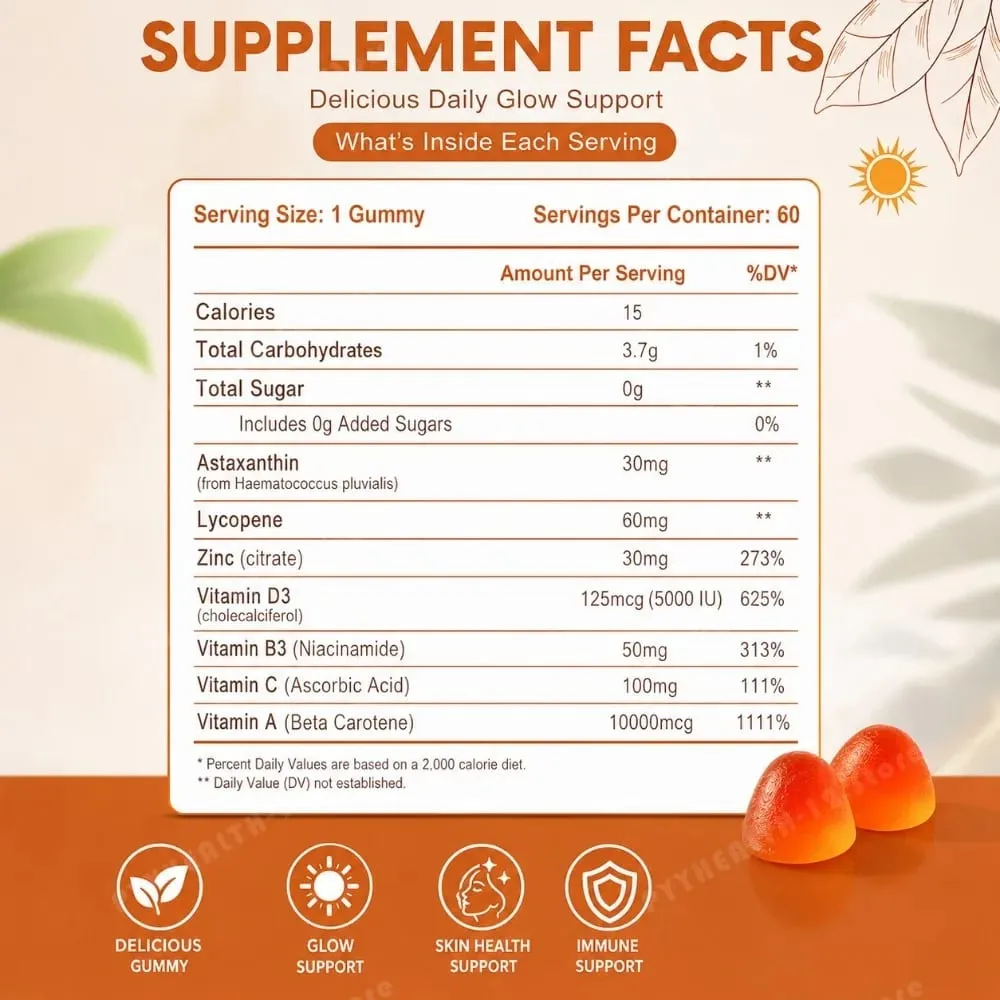 Tanning Gummies para sa Babae Walang Sunless Bronzing Glow Support Vegan Sugar-Free Non-GMO Astaxanthin at Lycopene 60 Count