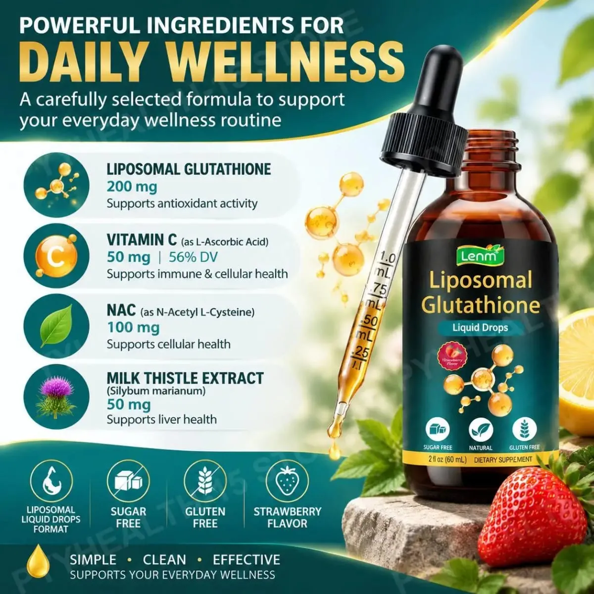 טיפות נוזלי של Lenm Liposomal Glutathione לתמיכה נוגדת חמצון בסלולר ובכבד עם NAC ויטמין C טעם תותים 60 מ"ל