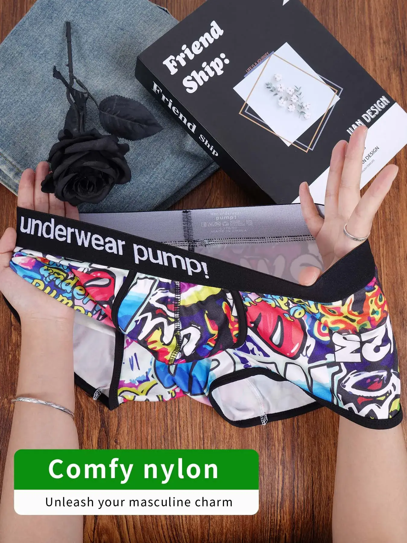 1PCS Men's Cotton Nylon Blend Boxer Briefs All-Over Graffiti Print Wide Elastic Waistband Non-Tight Fashion Sport Underwear