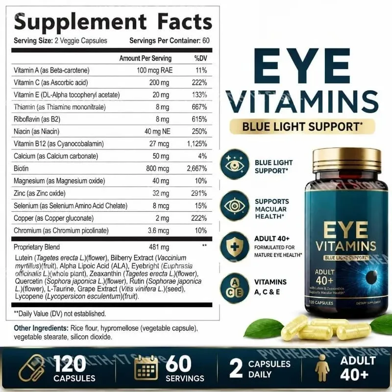 Eye Vitamins Capsules Blue Light Support na may Lutein at Zeaxanthin para sa 40+ Macular Health Support para sa Lalaki Babae 120 Capsules