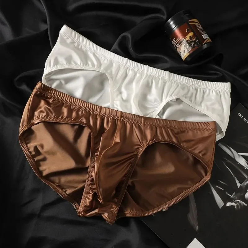 Breathable Low Waist Male Underwear Ice Silk Bulge Pouch Satin Silk Briefs Glossy Shiny Lingerie Men's Triangle Panties Sports