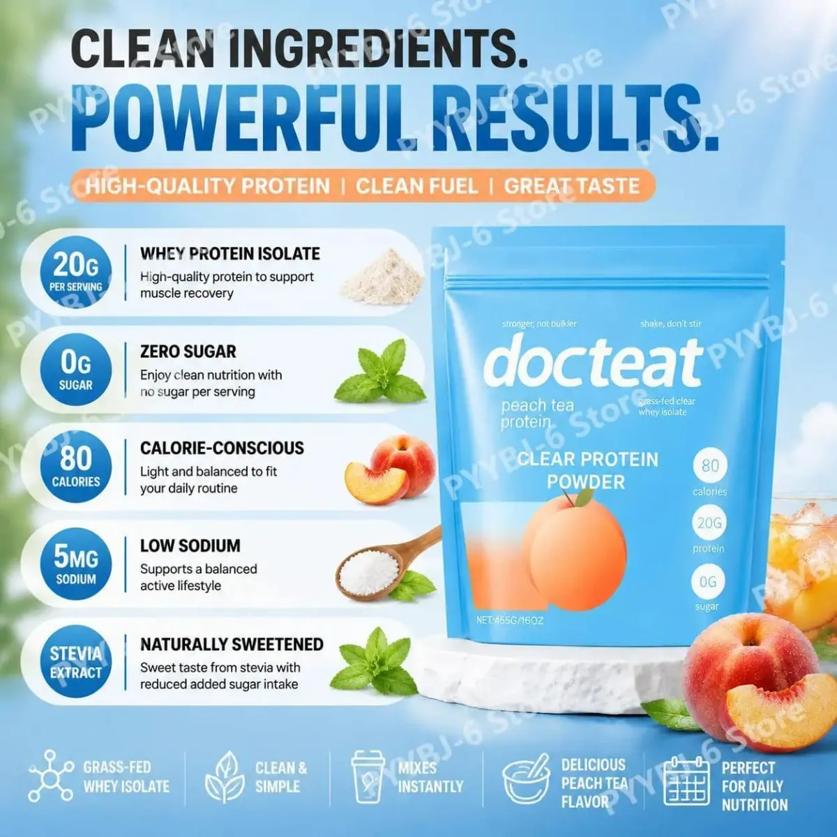 Docteat Peach Tea Clear Protein Powder 455g Whey Isolate & Stevia 20g Protein Low Fat 0g Sugar Fitness Workout Support Recovery