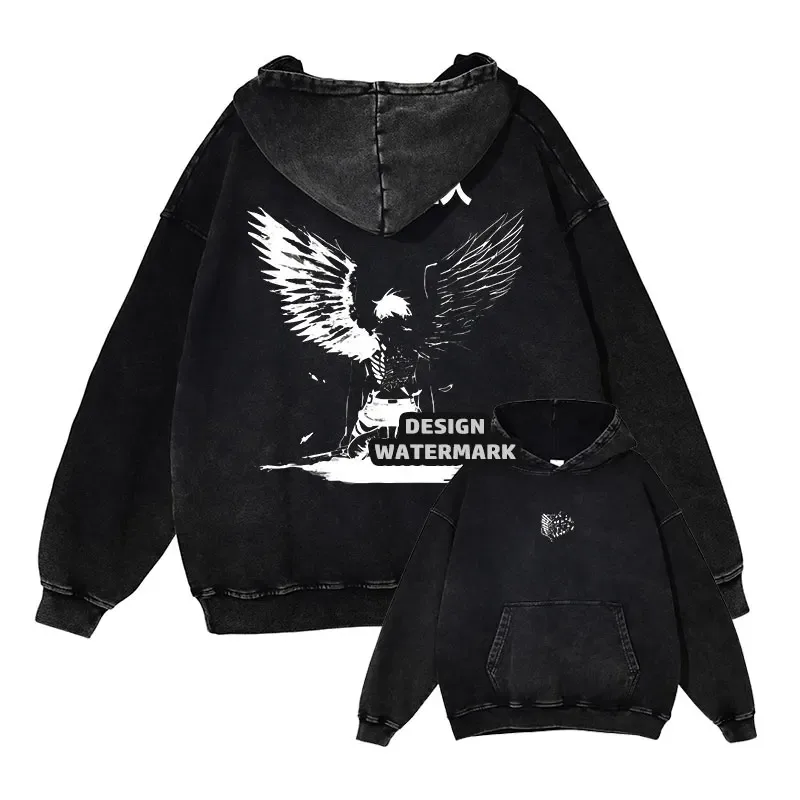 Anime Levi Hoodies Vintage Washed A-Attack on Titan Hoodie Casual Manga Yeager Eren Hooded Sweatshirts Titan Attack Pullover