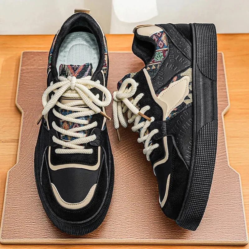 Férfi Vintage Patchwork Platform tornacipők – Etnikai törzsi mintás, alacsony szárú, szabadidős cipők Retro divatos sétacipők férfiaknak