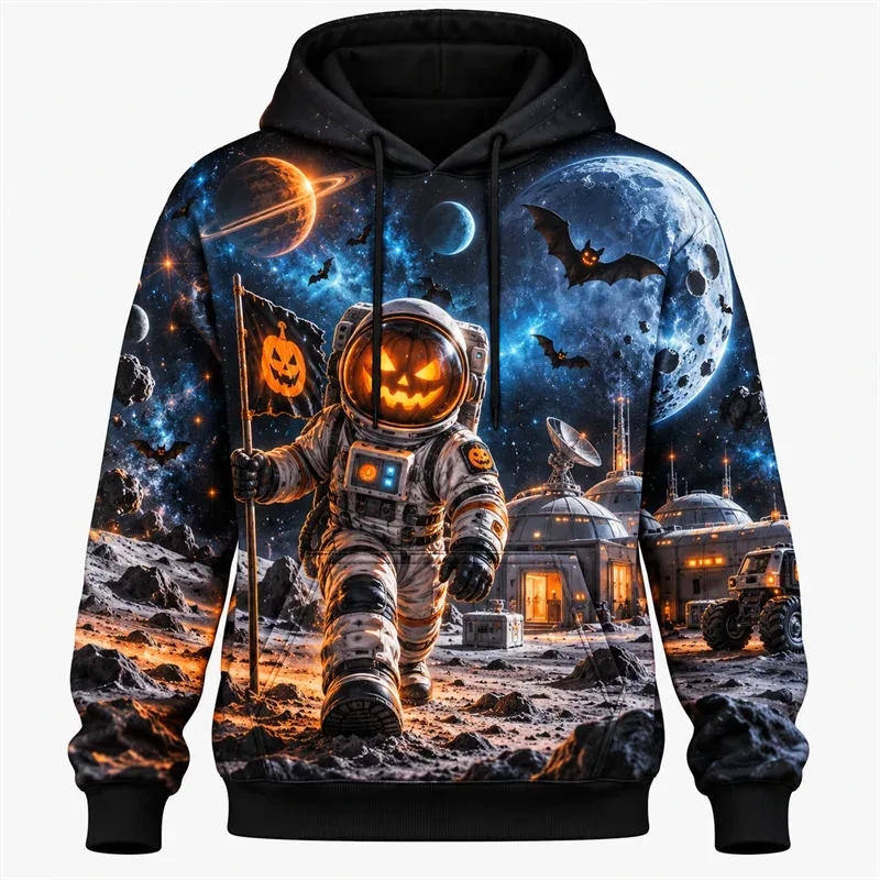 Hoodie Halloween 2026 Pulover Grafis Retro Petualangan Berhantu Pakaian Jalanan Malam Gotik Kerangka Hantu Labu Hutan Bulan Uniseks — image 7