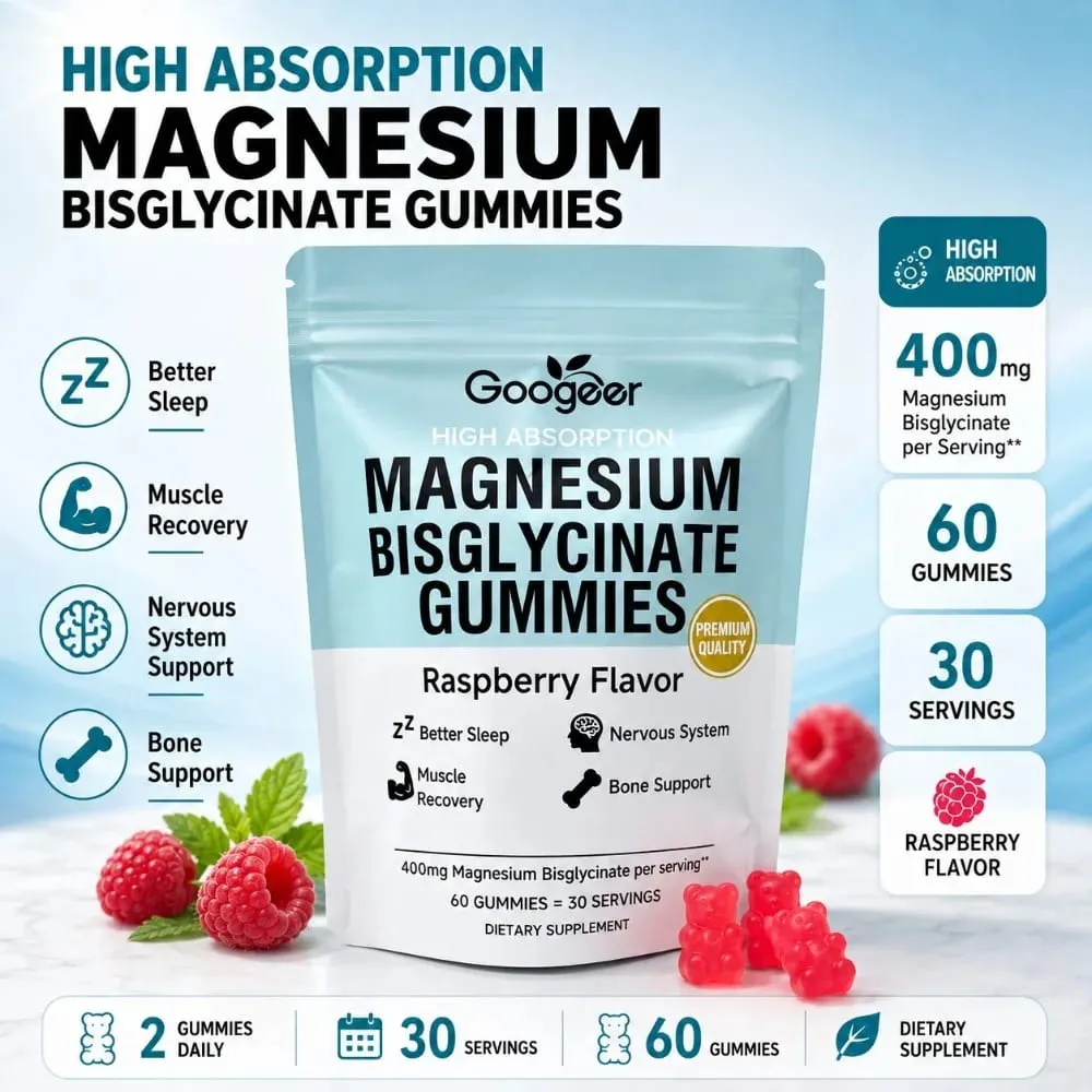 Magnesium Bisglycinate Gummies Raspberry Flavor 400mg Magnesium Vitamin D3 Zinc High Absorption 60 Count Daily Supplement