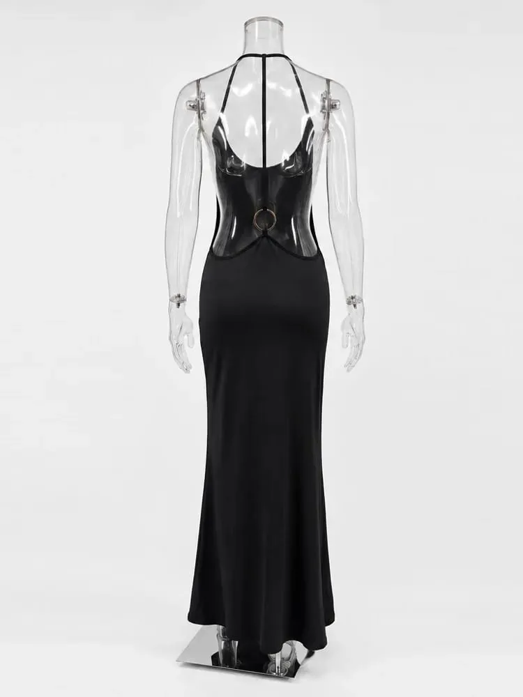 Tossy Women Halter ללא גב Bodycon מקסי שמלת מקסי פתוחה גב ספגטי רצועת זהב טבעת מסיבת ערב שמלת קיץ חוף שמלה ארוכה