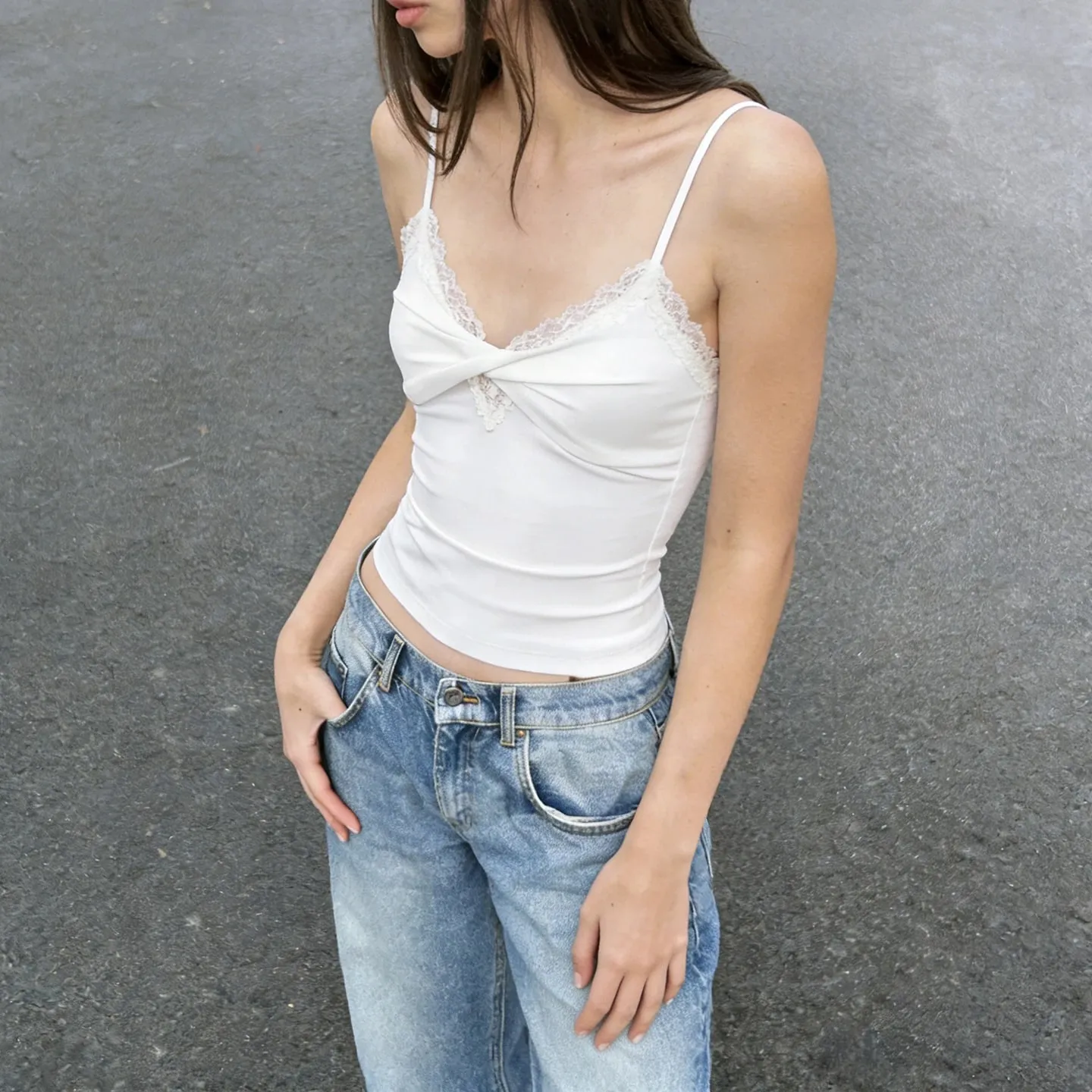 Coquette Csipke V nyakú csavaros elülső Cami felső spagetti pántos karcsú Camisole Y2K Daily ujjatlan felső, alkalmi nyári újdonság